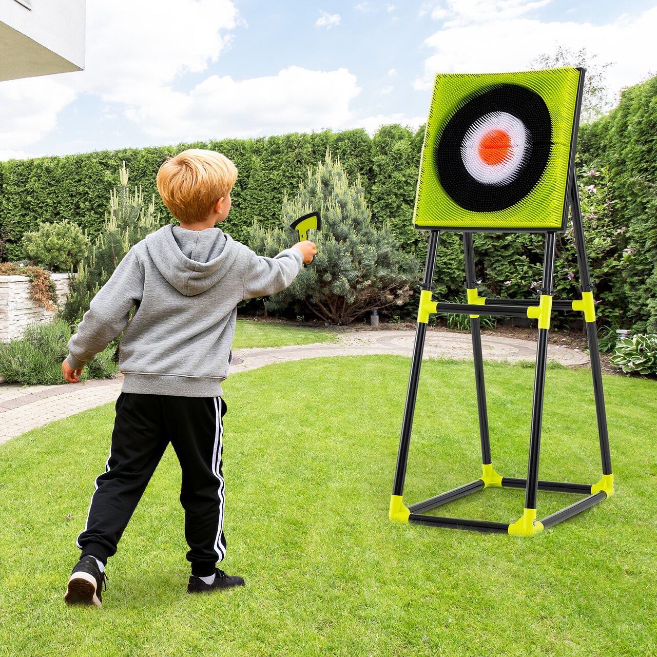 4 in 1 Kids Throwing Target Set with Bow Arrows Darts and Axes Indoor Outdoor Archery Game for Ages 8 Plus